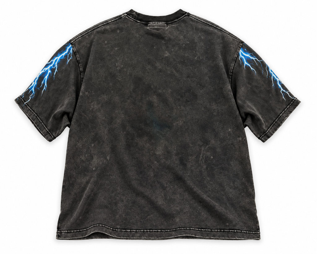 Back of Mass Appeal Electric Throne washed-black graphic T-shirt on white