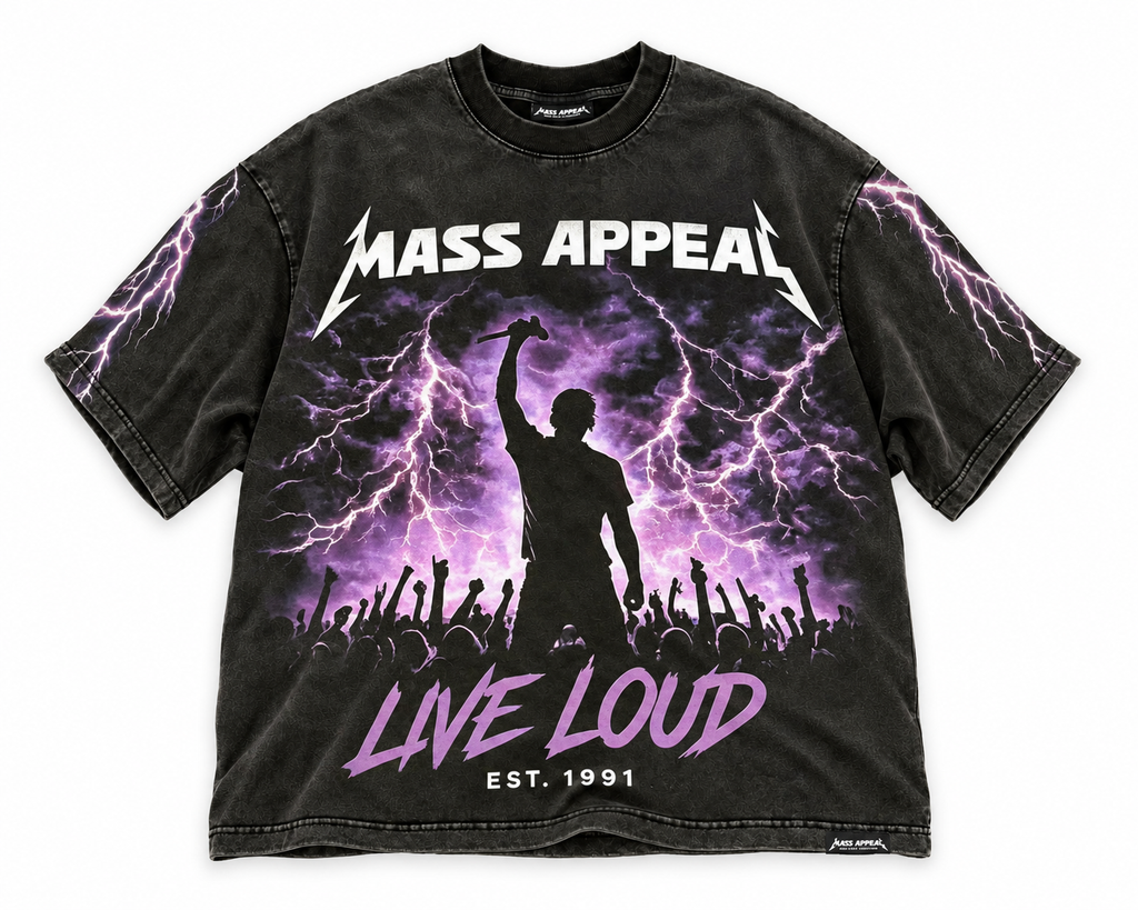Front of Mass Appeal Live Loud washed-black graphic T-shirt on white
