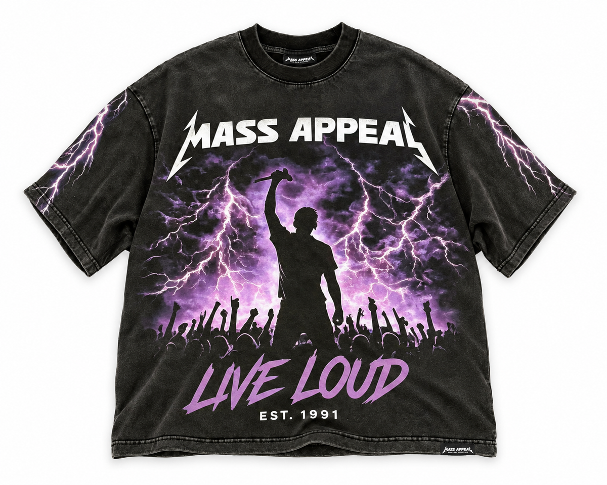 Front of Mass Appeal Live Loud washed-black graphic T-shirt on white