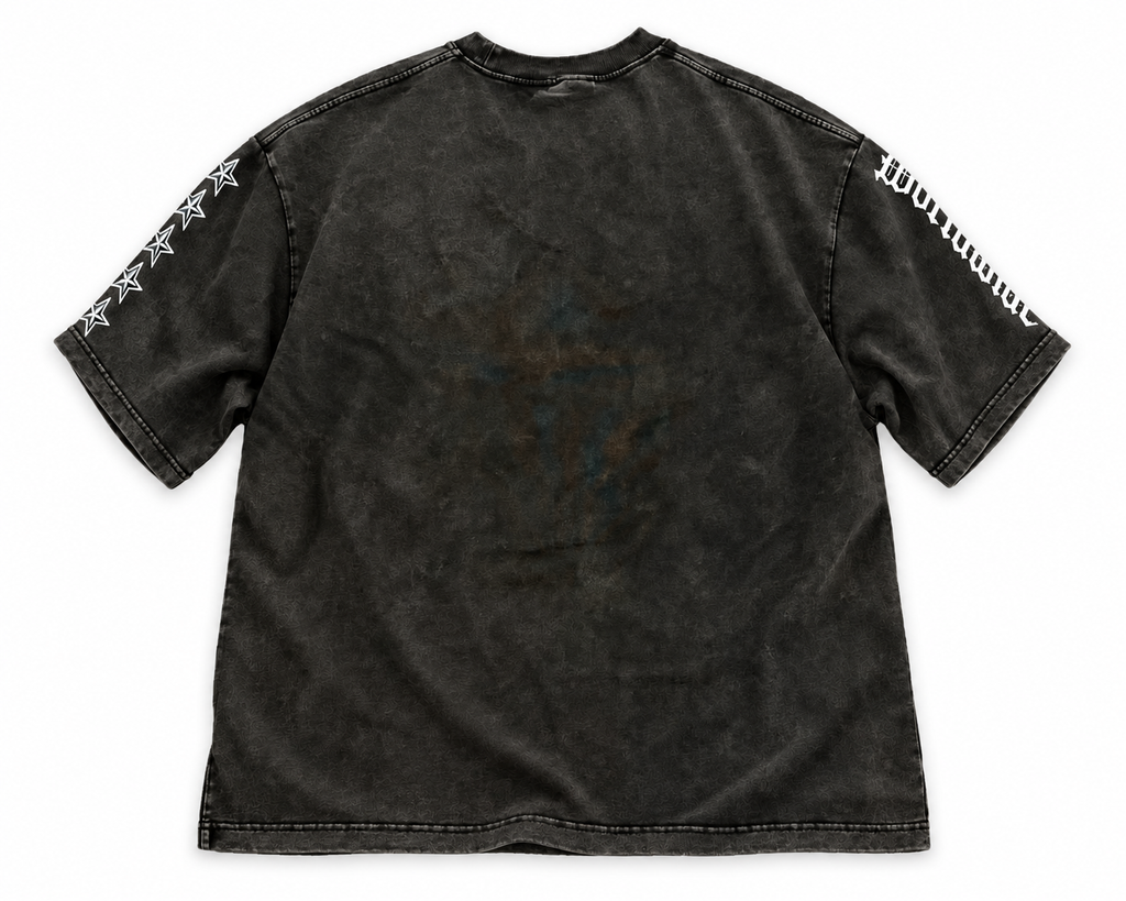 Back of Mass Appeal Built Different washed-black graphic T-shirt on white