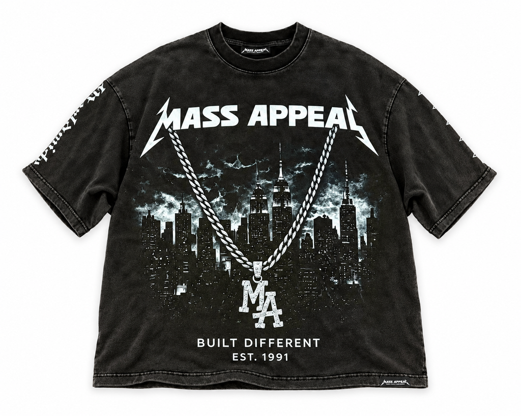 Front of Mass Appeal Built Different washed-black graphic T-shirt on white
