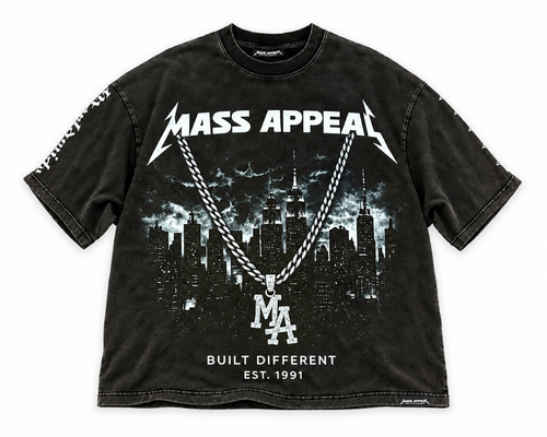 Front of Mass Appeal Built Different washed-black graphic T-shirt on white