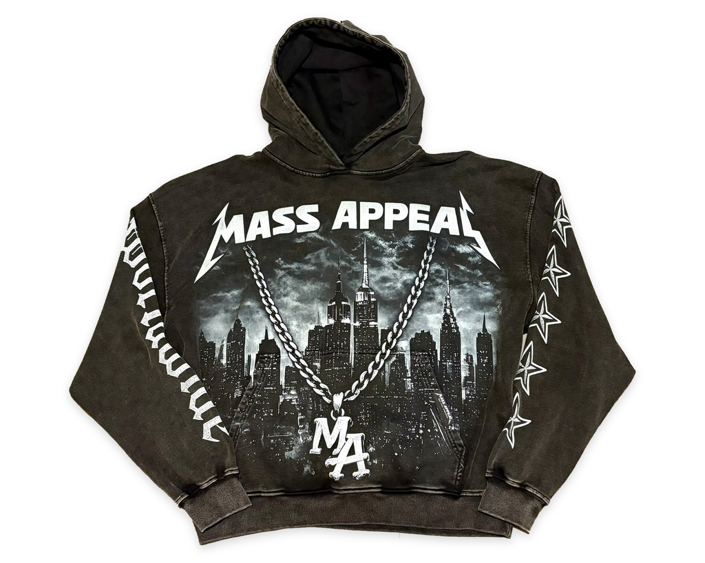 Front of the Mass Appeal Built Different washed-black hoodie with original skyline, chain and MA pendant artwork on white