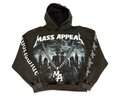 Front of the Mass Appeal Built Different washed-black hoodie with original skyline, chain and MA pendant artwork on white