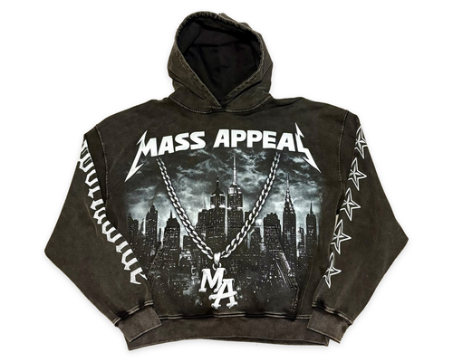 Front of the Mass Appeal Built Different washed-black hoodie with original skyline, chain and MA pendant artwork on white