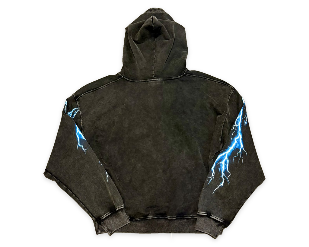 Back of the Mass Appeal Electric Throne washed-black hoodie with original blue lightning sleeve graphics on white