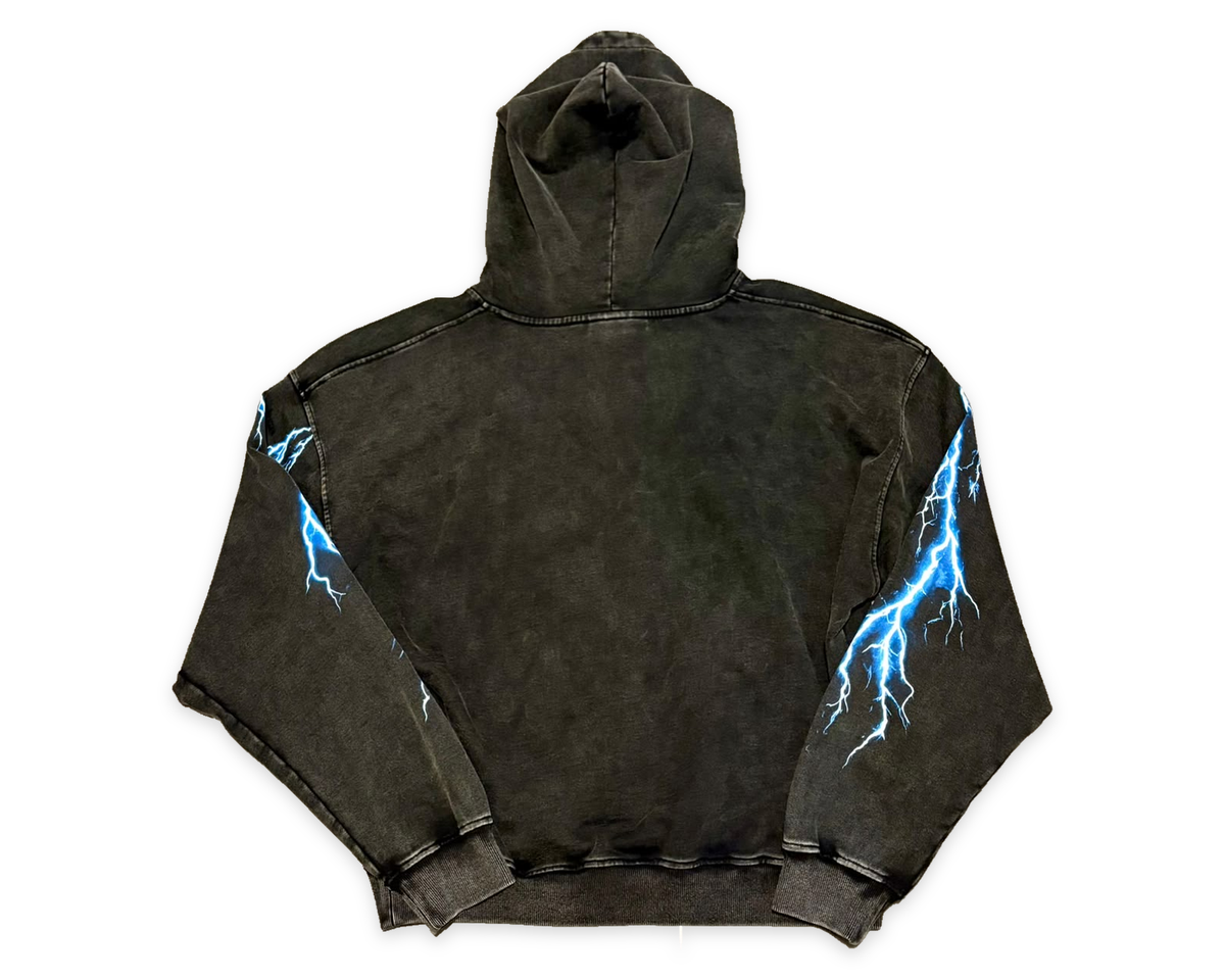 Back of the Mass Appeal Electric Throne washed-black hoodie with original blue lightning sleeve graphics on white