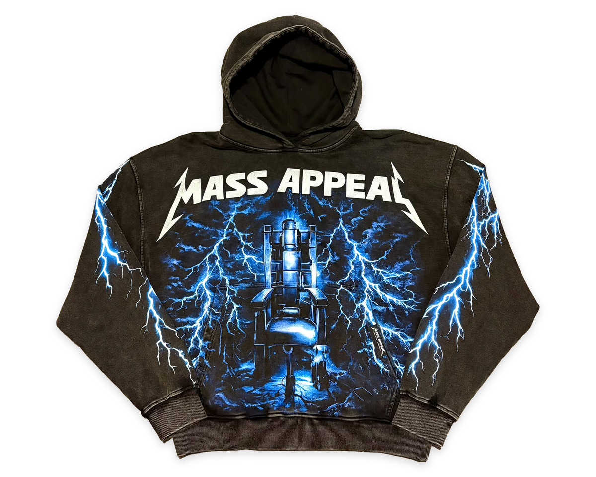 Front of the Mass Appeal Electric Throne washed-black hoodie with original blue lightning and throne artwork on white