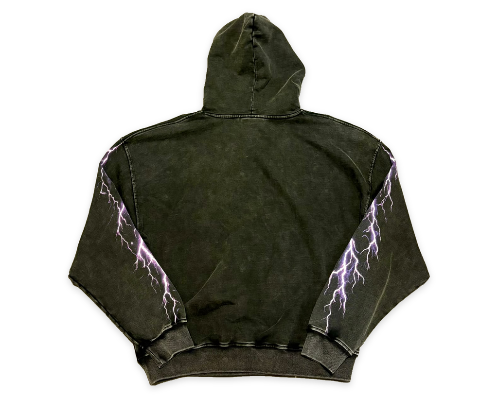 Back of the Mass Appeal Live Loud washed-black hoodie with original purple lightning sleeve graphics on white