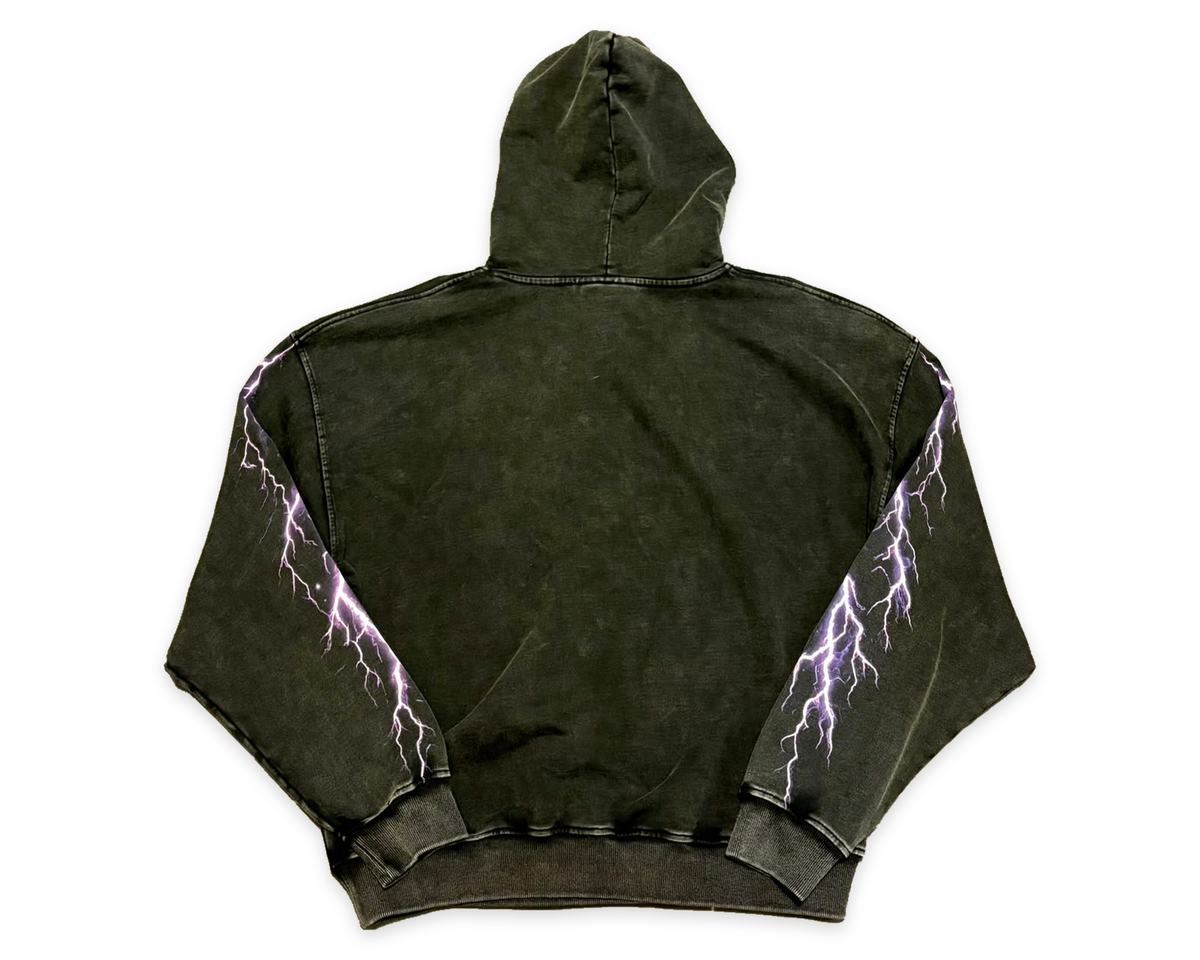 Back of the Mass Appeal Live Loud washed-black hoodie with original purple lightning sleeve graphics on white