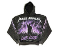 Front of the Mass Appeal Live Loud washed-black hoodie with original purple lightning and concert artwork on white