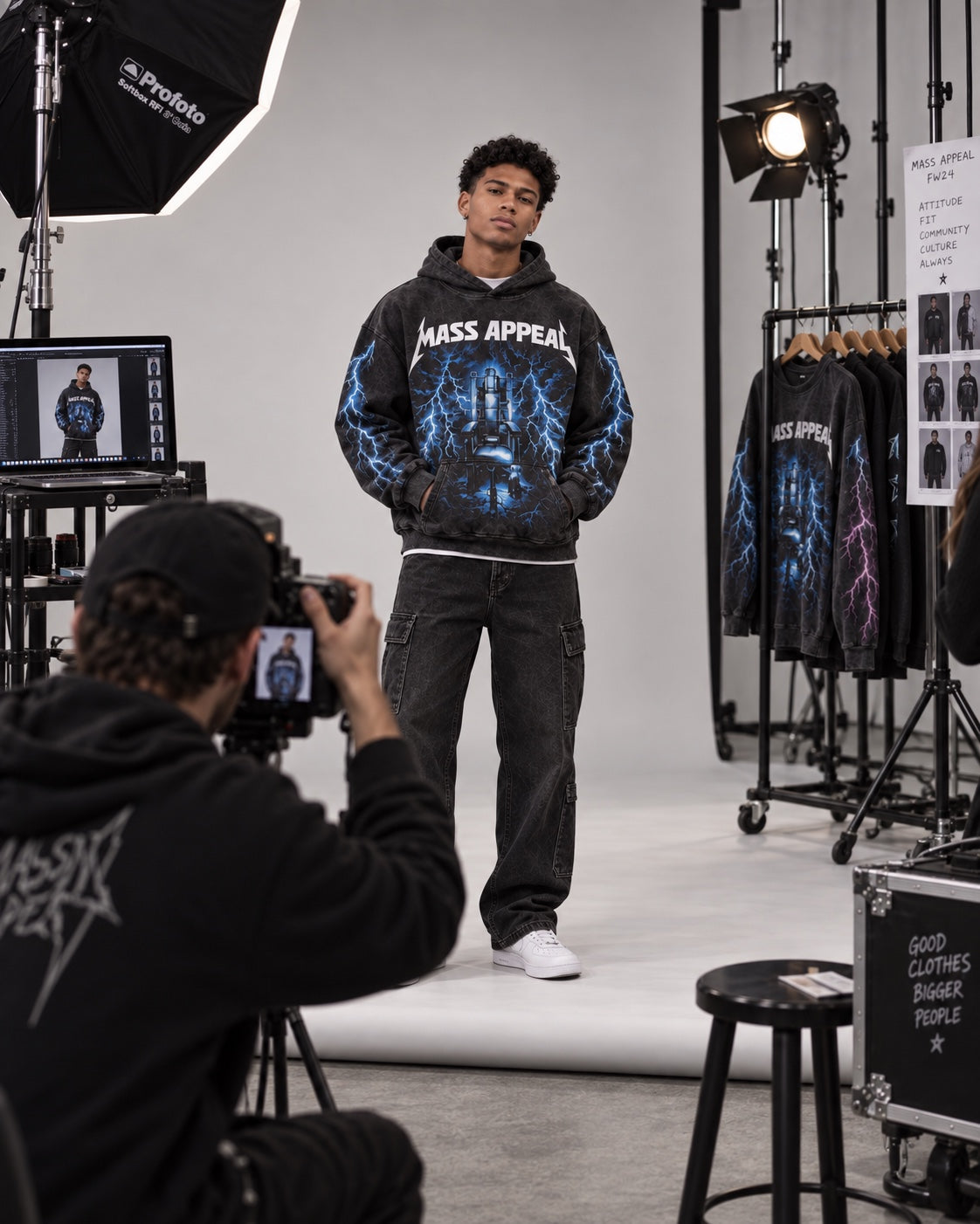 Behind the scenes with a model wearing the Mass Appeal Electric Throne hoodie