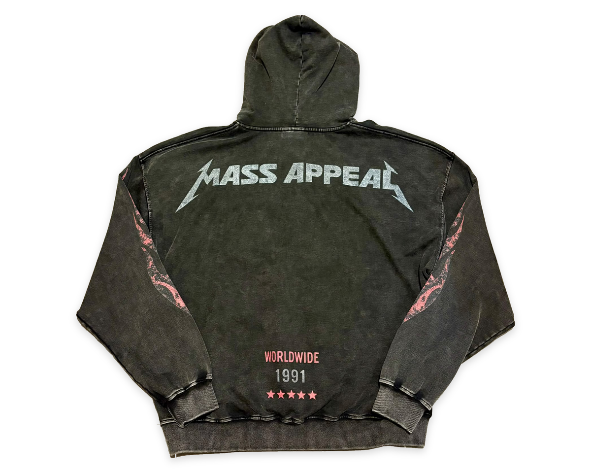 Back of Mass Appeal The Leash Is Off washed-black hoodie with original artwork on a white background