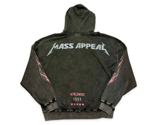 Back of Mass Appeal The Leash Is Off washed-black hoodie with original artwork on a white background