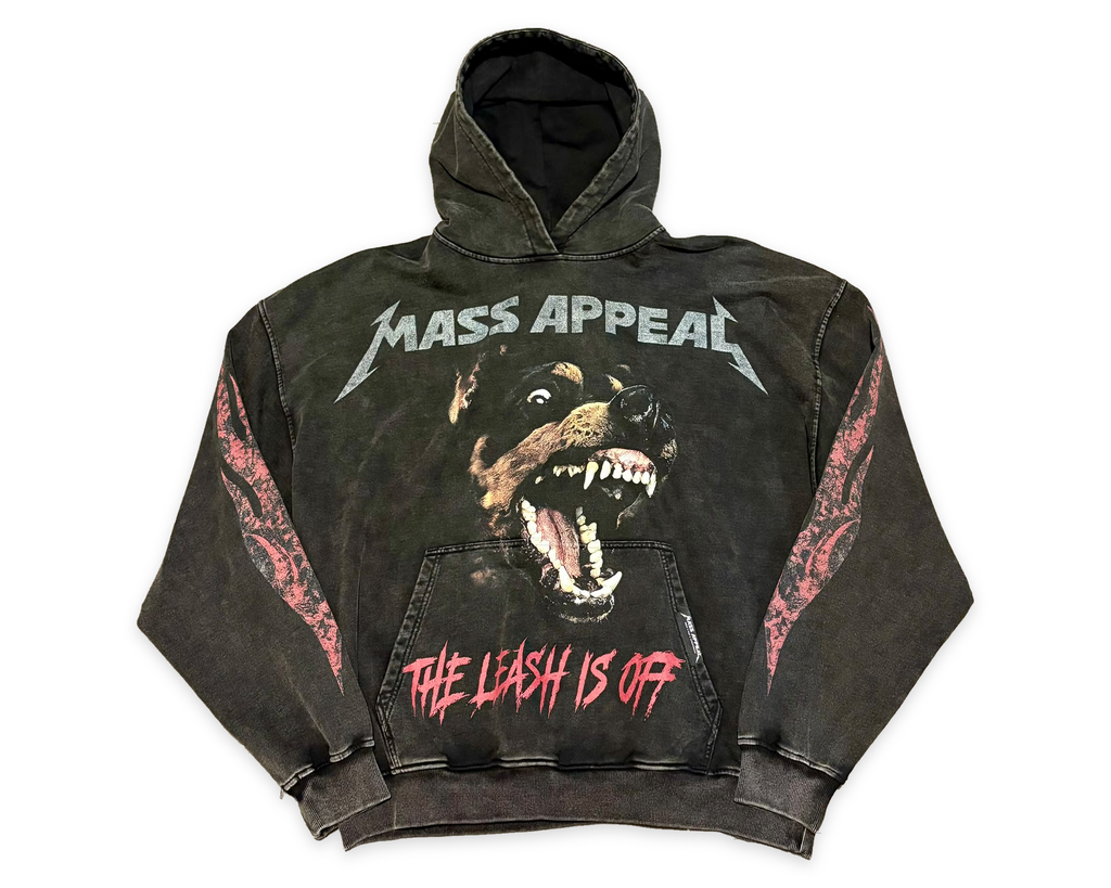 Front of Mass Appeal The Leash Is Off washed-black hoodie with original artwork on a white background